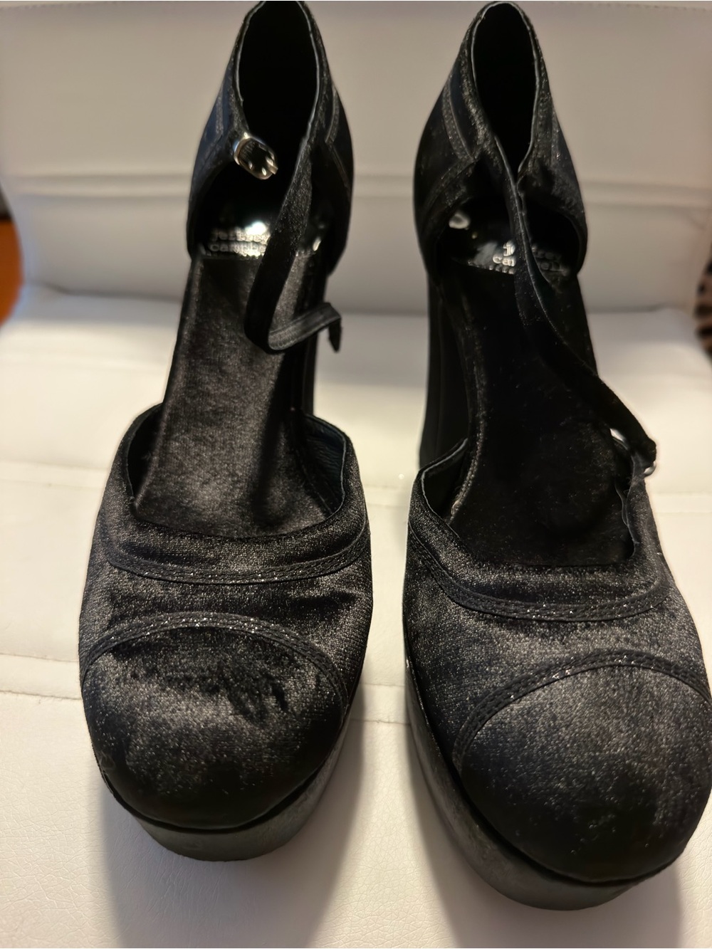 Jeffrey Campbell Velour Black Women's Platform Heels Size 10 strap needs repair